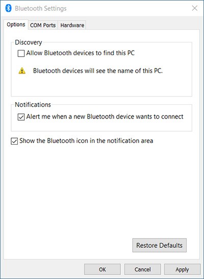 تنظیمات بلوتوث در ویندوز