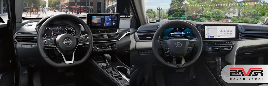 مقایسه و بررسی کامل نیسان آلتیما 2025 با تویوتا کمری 2025 طراحی داخلی نیسان آلتیما 2025 و تویوتا کمری 2025