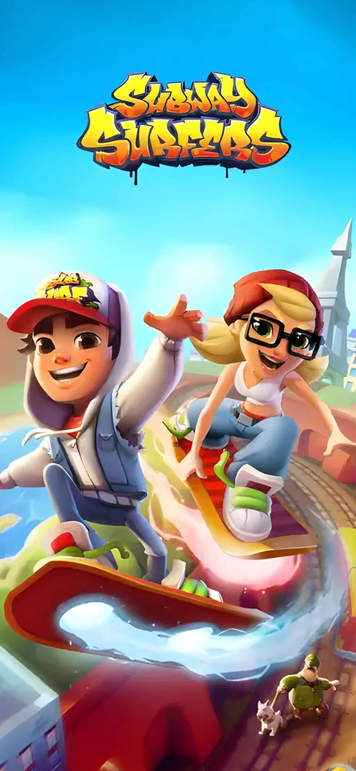 شخصیت‌های بازی ساب‌وی سرفرز (Subway Surfers) در حال اسکیت‌سواری